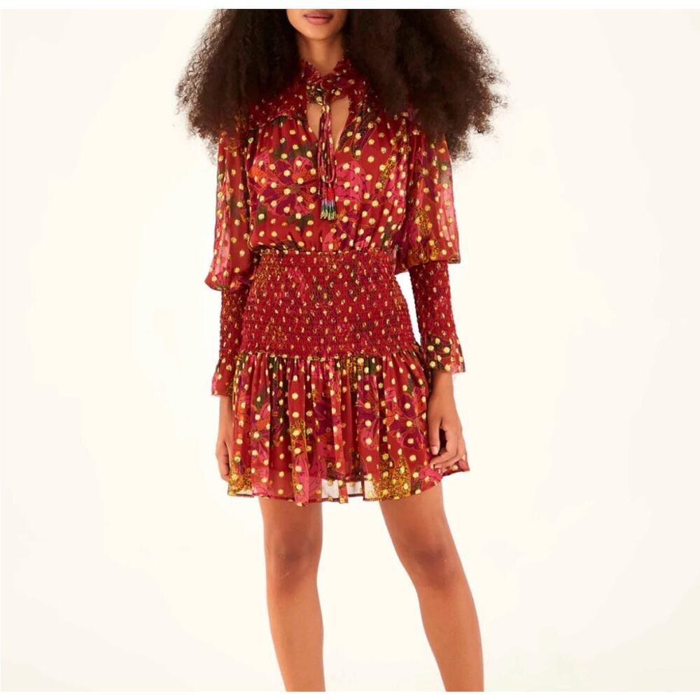 B47 Farm Rio Banana Flowers Mini Dress Womens M Smocked Red Festival Spring